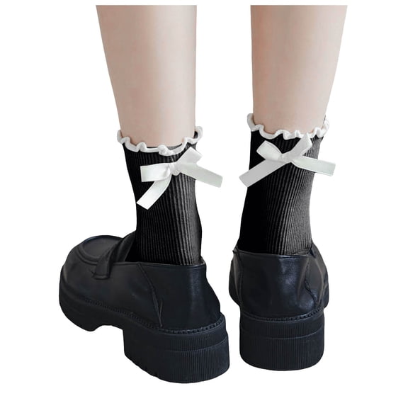 QUOTAY Women Bow Socks Ruffled Casual Solid Color Soft Breathable Knee High Socks for Women Lace Detail Long Stockings Black，One Size