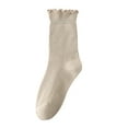 thumbnail image 1 of QUOTAY Women's Double Needle Lace Trim Solid Color Striped Ruffle Mid Calf Socks Crew Socks for Women Casual Stackable Socks for Girls and Students 06_Beige，One Size, 1 of 3