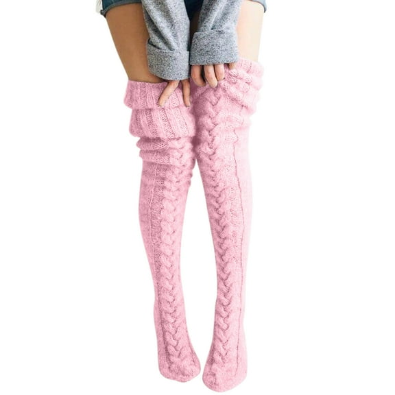 QUOTAY Women's Knitted Thigh High Stockings with Pom Poms Long Leg Warmers Knee High Socks for Women Cable Boot Over Socks Cozy 01_Pink,One Size