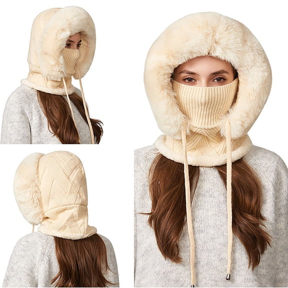 QUOTAY Women's Lined Knitted Hat with Integrated Scarf and Full for Winter Windproof and Cold Weather Winter Hats for Women02_BeigeOne Size