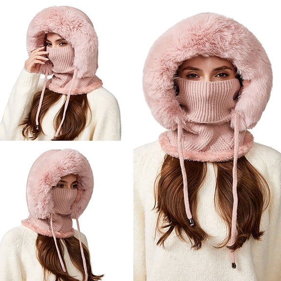 QUOTAY Women's Lined Knitted Hat with Integrated Scarf and Full for Winter Windproof and Cold Weather Winter Hats for Women02_PinkOne Size