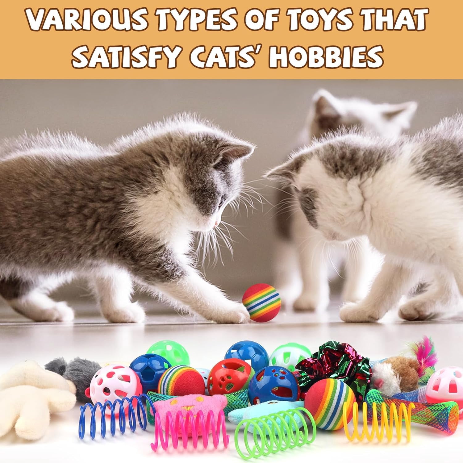 QUOZUO 30 Pcs Cat Toy Kitten Toys Set, Interactive Cat Toy Wand Cat Springs Ball Toy with Bells, Cat Toys for Bored Indoor Cats, Gift Box Styles