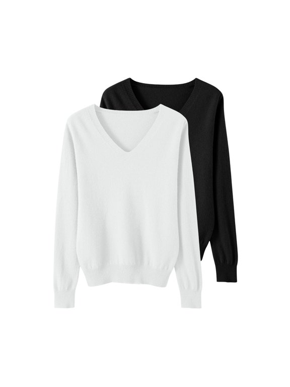 2 Pack Womens Sweater Lightweight Soft V Neck Long Sleeve Fall Tops Fashion Clothes Casual Shirts Pullover| Solid Color, Loose,Stretchy, Outerwear
