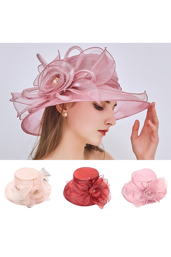 Church Derby Hat Flower Wide Brim Fascinator Sun Hats Women Hats Floral Tea Party Wedding Hat Wide Brim Bucket Bowler Sun Hat for Bridal Wedding Wine One Size