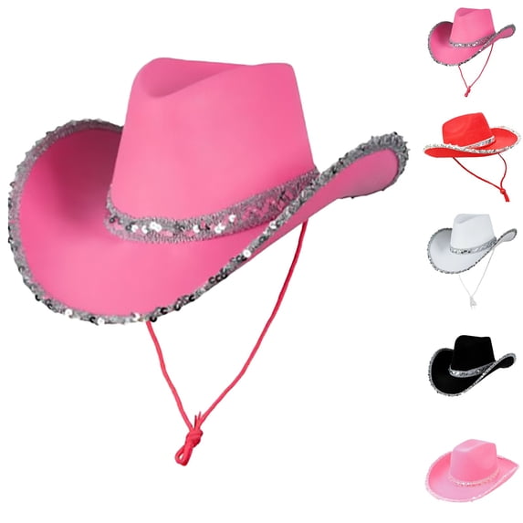 QURATI Glitter Silver Black Cowboy Hats for Women Western Sparkly Rhinestone Cowgirl Hat for Ladies Outdoor Wide Brim Retro Felt Fedora Hats Rolled up Caps Pink One Size