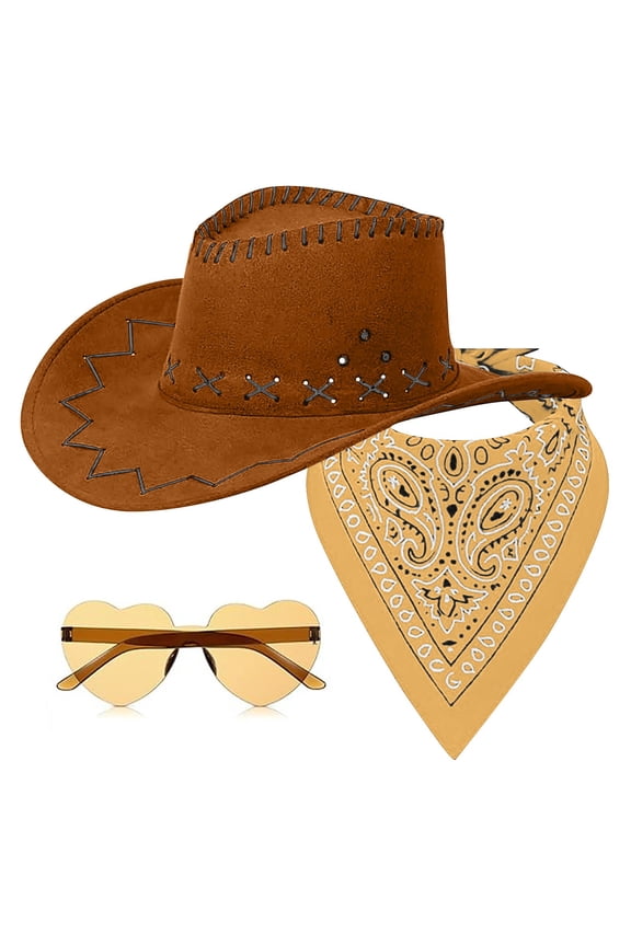 Mens Hats, Western Cowboy Hat Scarf and Glasses Set Cowboy Hats for Women Brown