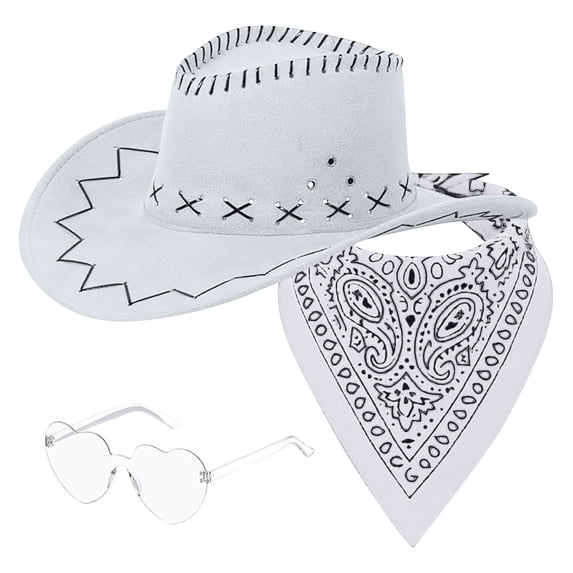 QURATI Mens Hats, Western Cowboy Hat Scarf and Glasses Set Cowboy Hats for Women White
