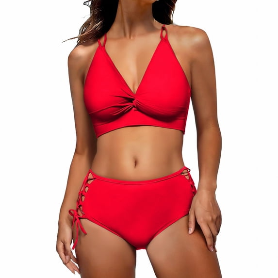 QURATI Swimwear Bikini Sets for Women High Waist Summer Beach Swim Bathing Suits V Neck 2 Piece Swimsuit Red M