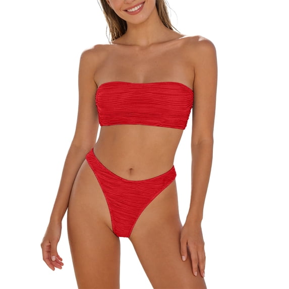 QURATI Swimwear Ruched Two Piece Bikini: High Waisted Thong Style Vacation Swimwear Set Red M