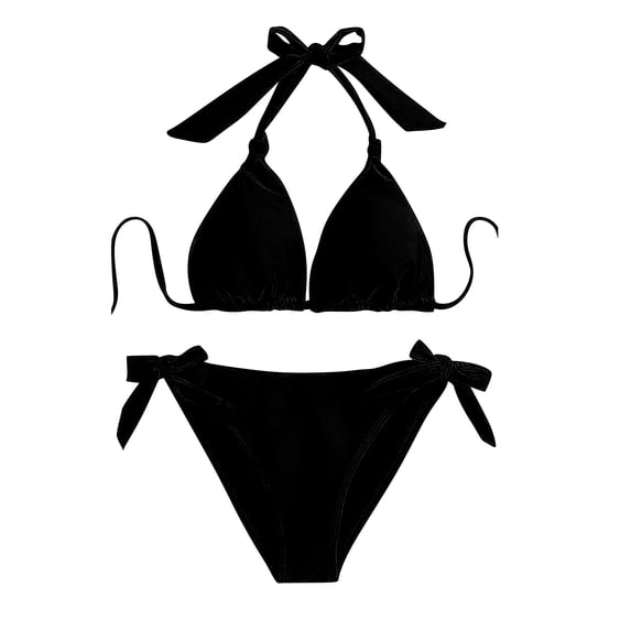 QURATI Swimwear Women Bikini Set Two Piece Swimsuit Tie Bathing Suit Cute Swimwear Black L