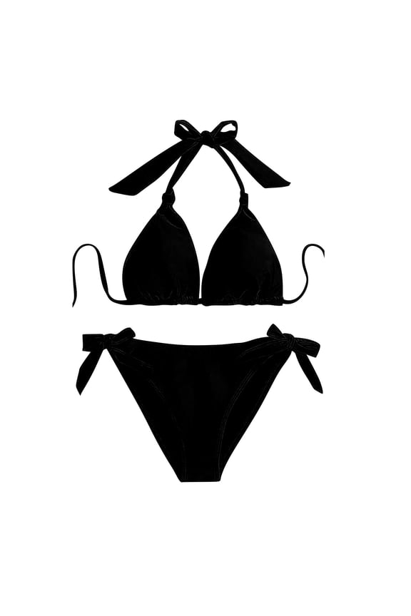 Swimwear Women Bikini Set Two Piece Swimsuit Tie Bathing Suit Cute Swimwear Black L