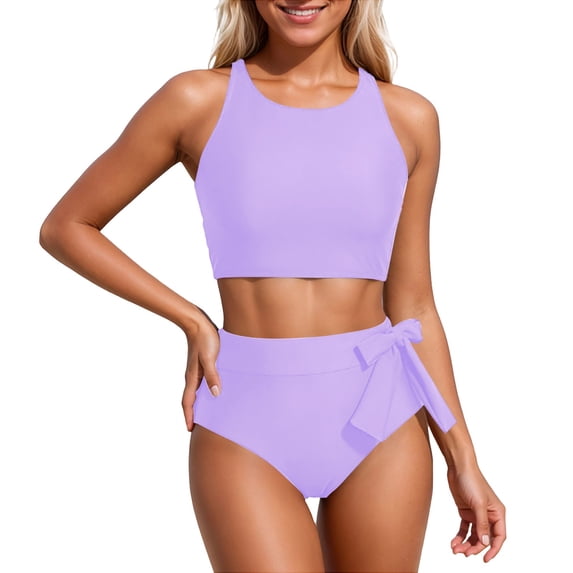 QURATI Swimwear Women High Waisted Bikini Set Racerback Swimsuit Two Piece Bathing Suit High Neck Swimwear Light Violet XXL