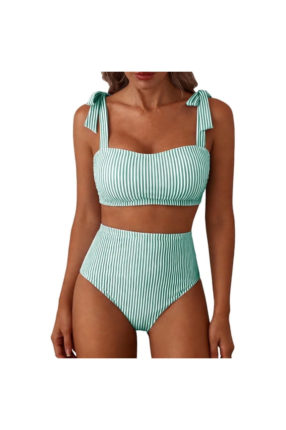 Swimwear Womens Bikini Sets 2 Piece Striped Swimsuits Tie Bow Shoulder High Waisted Summer Beach Bathing Suits Green XL