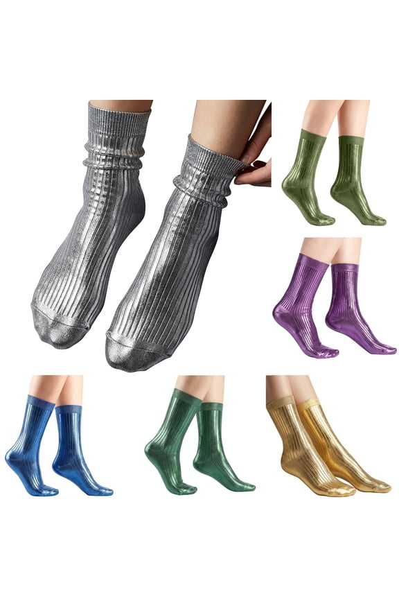 Unisex Shiny Metallic Costume Socks Elegant Shiny Foil Glitter Ribbed Socks Soft Ribbed Fit All-Season Temperature Silver One Size