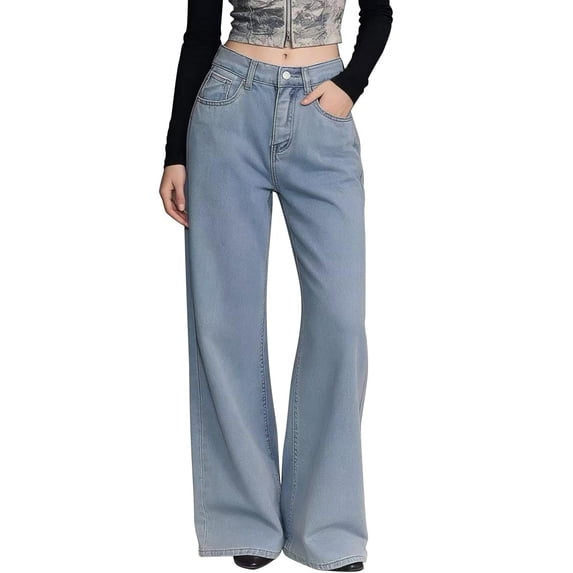 QURATI Wide Leg Jeans for Women High Waisted Stretchy Baggy Loose Fit Denim Pants with Pockets Clothes Womens Bottoms Sky Blue M