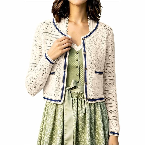 QURATI Women Crop Cardigan Sweaters Lightweight 3/4 Sleeve Button up Crochet Shrug | Textured Bolero for Dresses Dressy Casual, V Neck, Ladies Eyelet Shawl Thin Trendy
