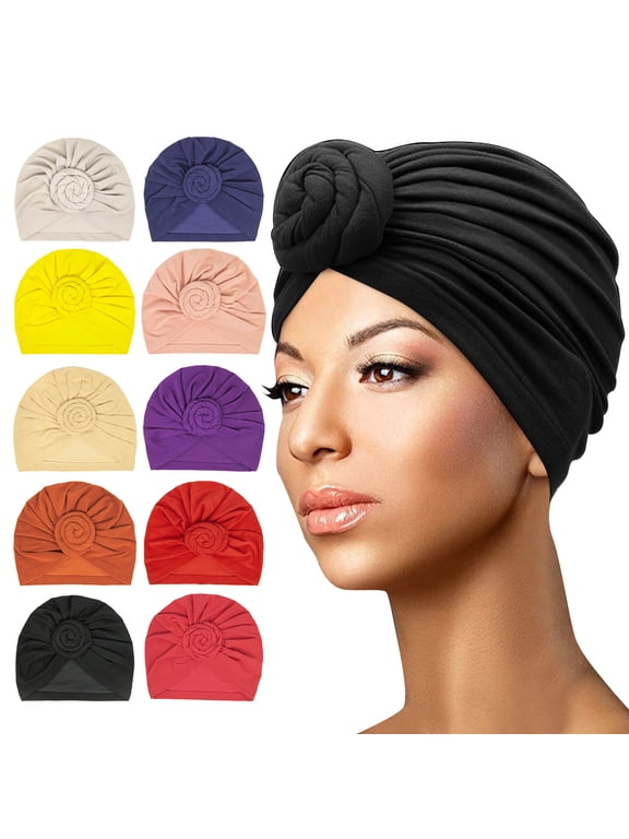 Women Turban African Pre Tied Bonnet Hairwrap Flower Knot Bonnet Beanie Cap Turban Head Wraps Headband Hat Braid Hair Cover Twisted Braid Beaded Elastic Wrap Cap Purple One Size