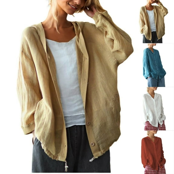 QURATI Women's Cotton Linen Lightweight Hooded Loose Button Down Cover Ups Cardigan - Cardigan Jacket Long Sleeve Lightweight Loose Cover Up With Pocket,Blue,L