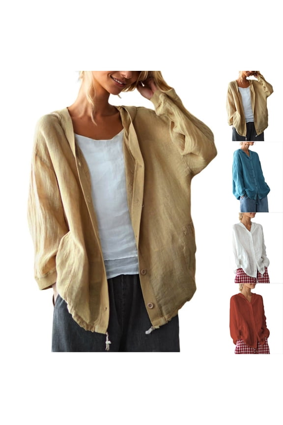 Women's Cotton Linen Lightweight Hooded Loose Button Down Cover Ups Cardigan - Cardigan Jacket Long Sleeve Lightweight Loose Cover Up With Pocket,Blue,L