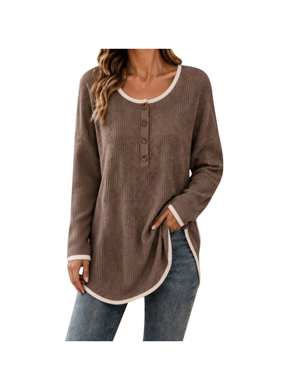 Women's Extra Long Tunic Tops for Leggings Henley Sweater | Long Sleeve Design, Soft Sweater Fabric, Loose Fit Comfort, Easy Layering Style