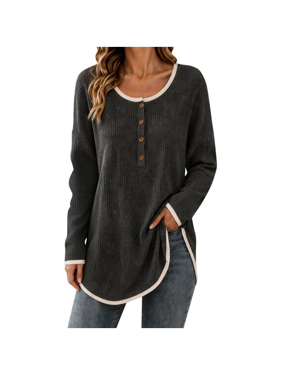 Women's Extra Long Tunic Tops for Leggings Henley Sweater | Long Sleeve Design, Soft Sweater Fabric, Loose Fit Comfort, Easy Layering Style