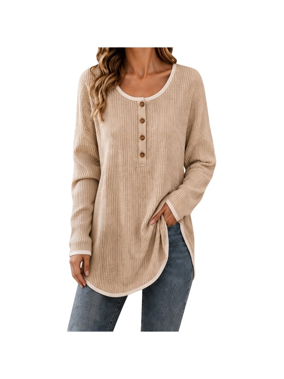 Women's Extra Long Tunic Tops for Leggings Henley Sweater | Long Sleeve Design, Soft Sweater Fabric, Loose Fit Comfort, Easy Layering Style