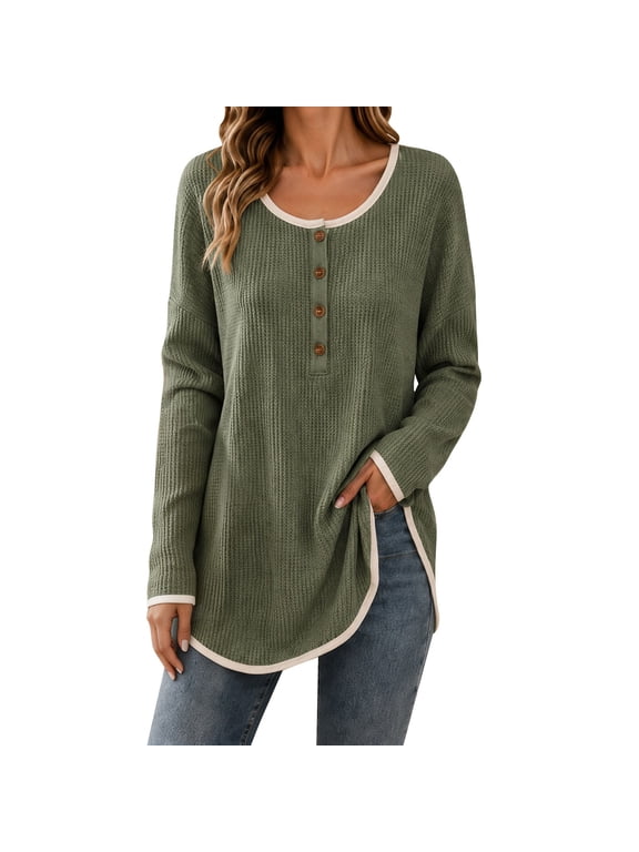 Women's Extra Long Tunic Tops for Leggings Henley Sweater | Long Sleeve Design, Soft Sweater Fabric, Loose Fit Comfort, Easy Layering Style