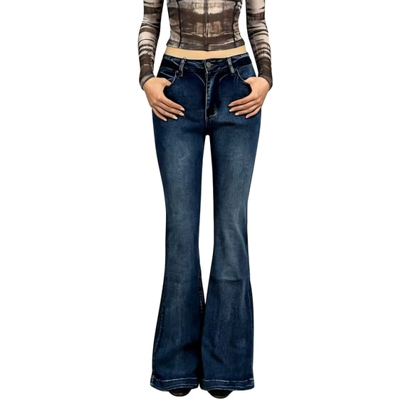 QURATI Women's High Waisted Dark Wash Flared Denim Jeans with Retro Wide Leg Silhouette Womens Bottoms Dark Blue L