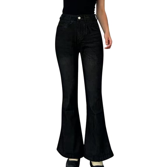 QURATI Women's High Waisted Flare Jeans | Retro Stretchy Bell Bottom Denim Pants Womens Bottoms Black L