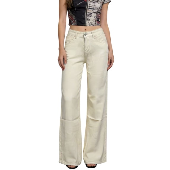 QURATI Women's Light Wash Distressed Wide Leg Jeans with High Waisted Fit Womens Bottoms Beige L