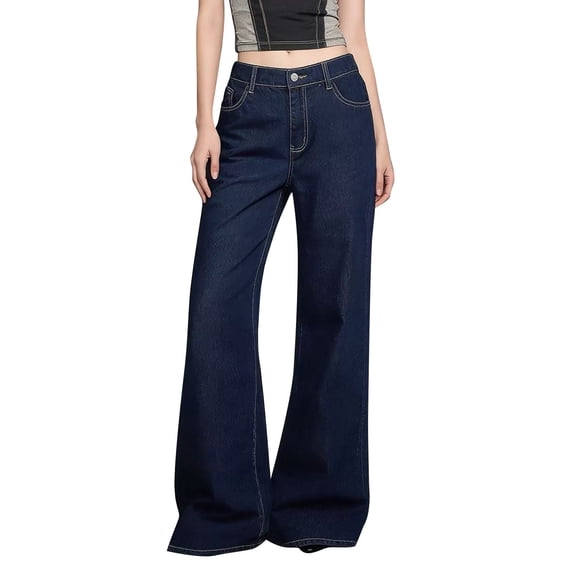 QURATI Women's Light Wash Distressed Wide Leg Jeans with High Waisted Fit Womens Bottoms Dark Blue M
