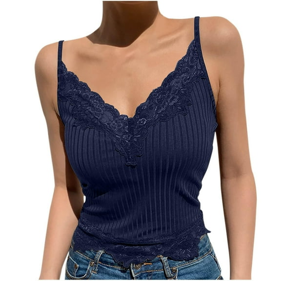 QURATI Women's Y2K Cropped Lace Tank Top – Sleeveless Camisole with Spaghetti Straps (Elegant Blouse),Navy,XL