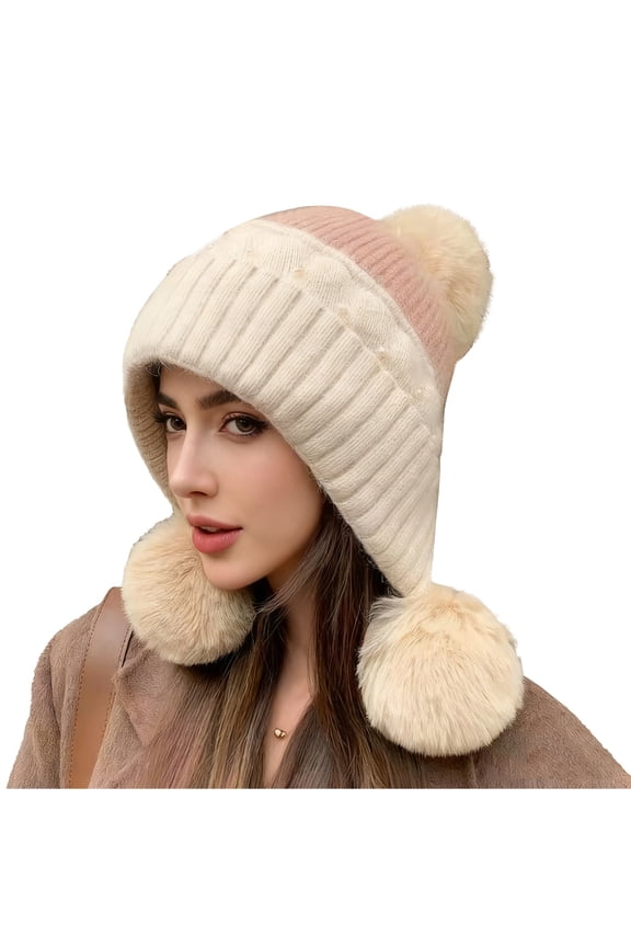 Womens Beanie Hats, Winter Wool Knitted Hat with Beads Cute Hats for Women Beige