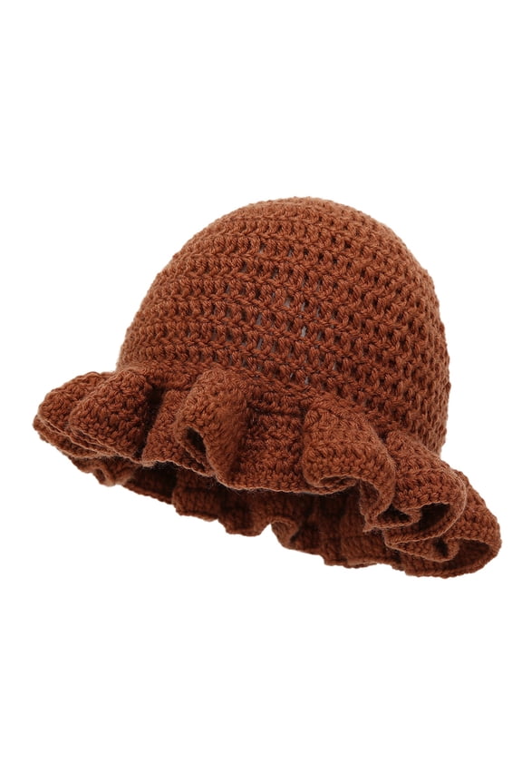 Womens Hats, Handmade Crochet Ruffled Wool Hat, Colorful Wide Brim Bucket Hats for Women Brown
