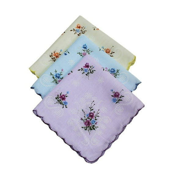 QUSENLON 3pieces Women Wavy Edge Cotton Handkerchiefs Flower Embroidered with Lace Hankies Ladies Handkerchief for Afternoon Tea