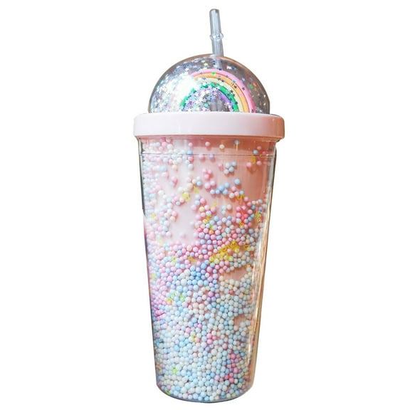 QUSENLON 550ml for Creative Rainbow Plastic Water Bottle Double Layer Shiny Quicksand Sequins Kawaii Drinking Cup with Straw Lid Coffee Juice Tumblers Mug Drinkware