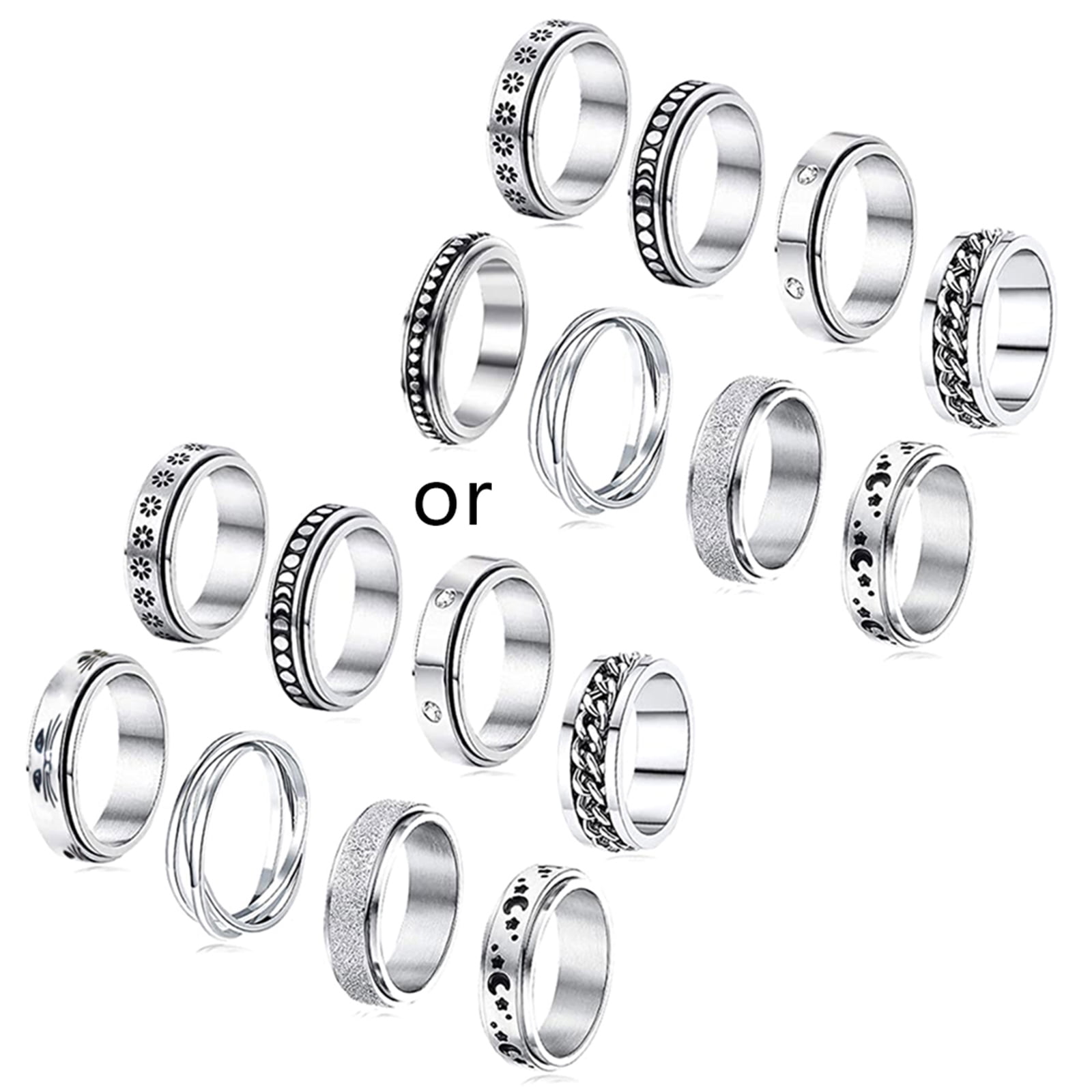 QUSENLON 8piece Stainless Steel Swivel Ring Women's Fidget Ring Moon Star Sand Explosion Finish