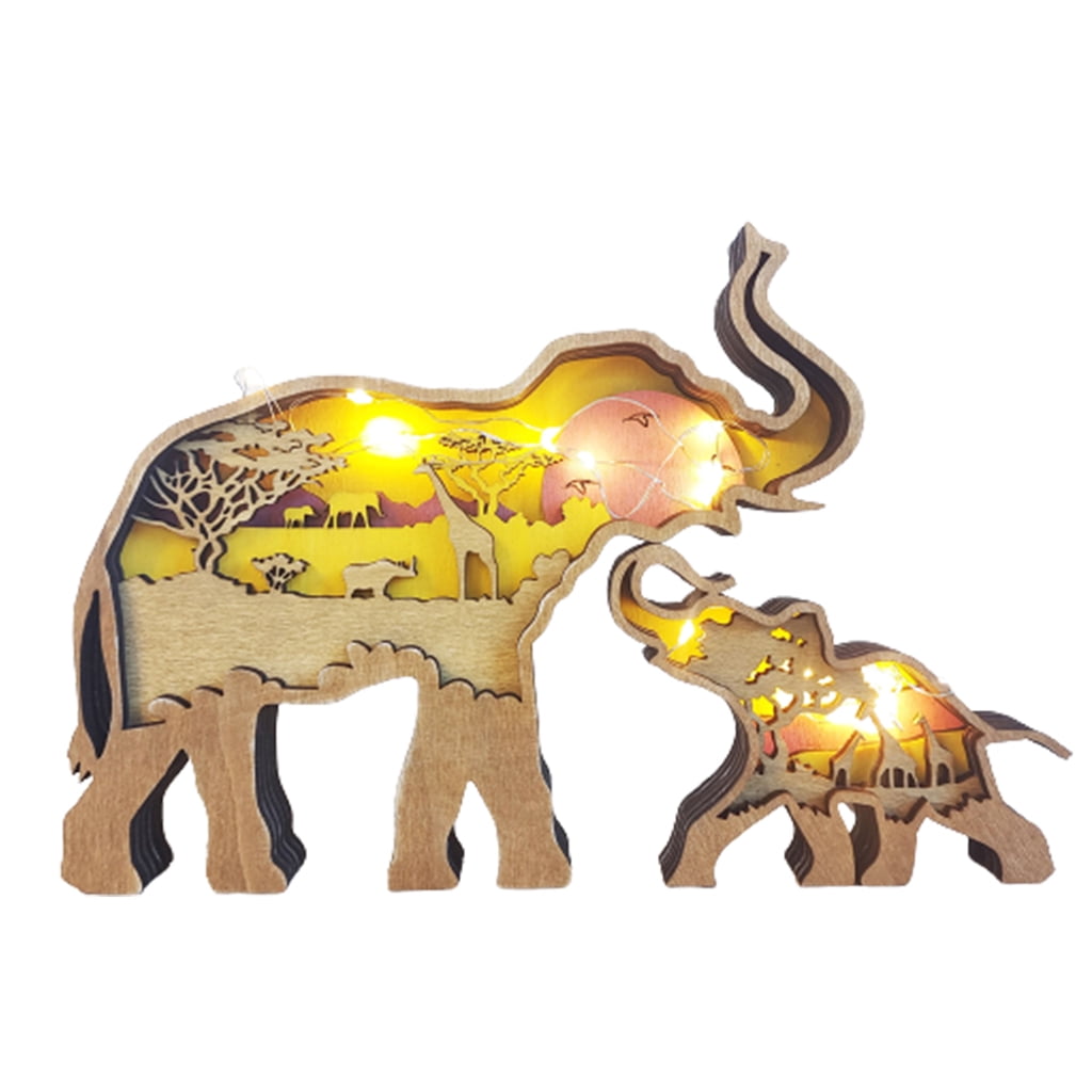 QUSENLON Elephant Mother and Baby Wood Carving Figurine with LED Light Ornaments Home Decoration Desktop Table Decor
