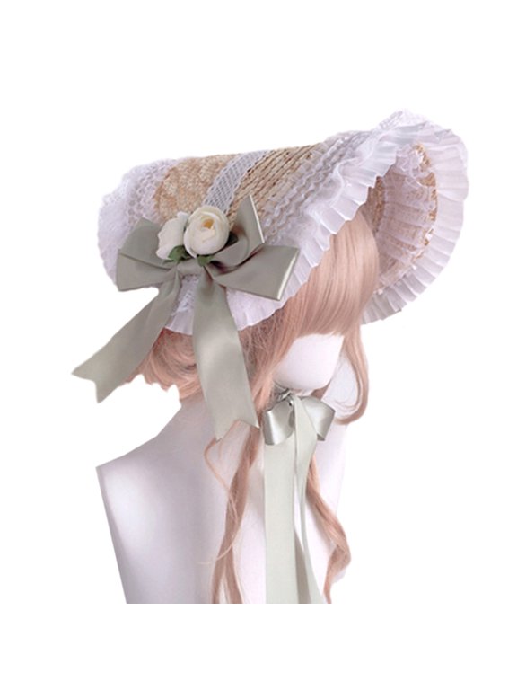Vintage Lolita Ruffle Lace Hat Tea Party Hat Victorian Ribbon Flower Straw Hat Gorgeous Beach for Sun Hats Headwear