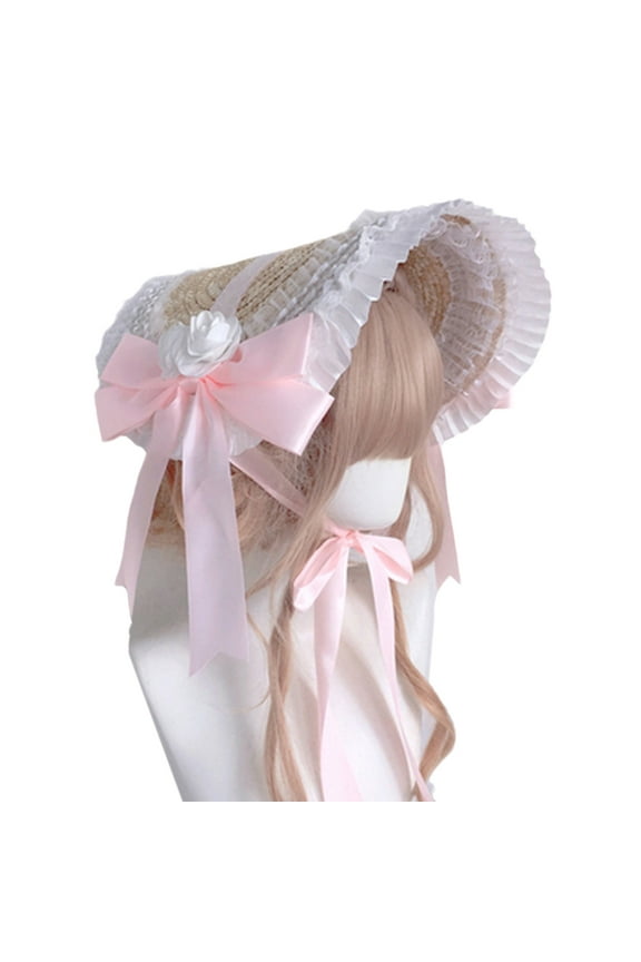 Vintage Lolita Ruffle Lace Hat Tea Party Hat Victorian Ribbon Flower Straw Hat Gorgeous Beach for Sun Hats Headwear