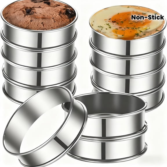QUTETN 12-Piece Stainless Steel Donut Rings – 3.35" & 4.13" Double-Rimmed Baking Molds for Doughnuts, Eggs, Pancakes & Pastries – Reusable Kitchen Tools for Home Bakers