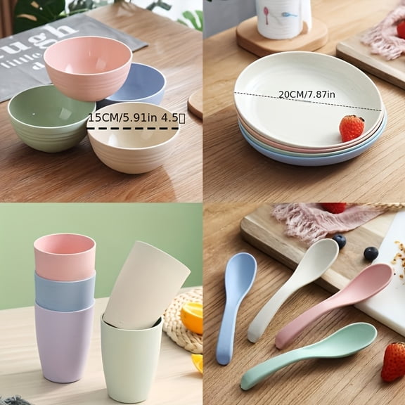 QUTETN 16-Piece Wheat Straw Dinnerware Set – Lightweight Reusable Plates, Bowls, Cups & Spoons for 4, Eco-Friendly Dish Set for Home, Camping, Kids & Outdoor Use – Pastel Colors