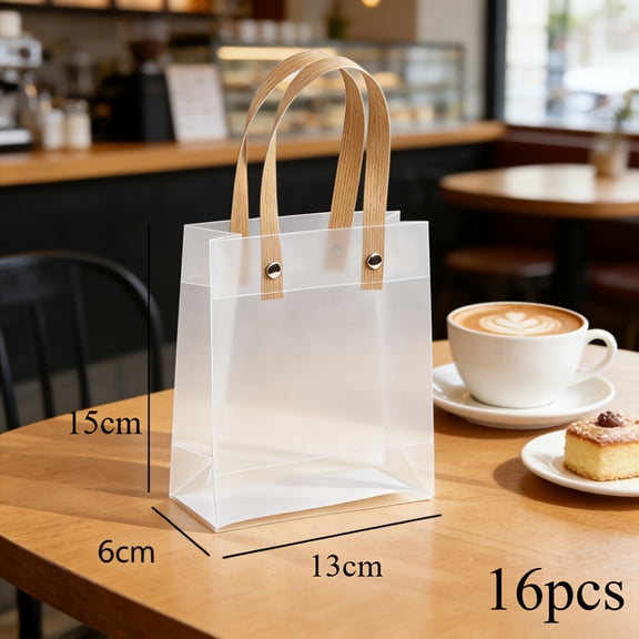 QUTETN 16pcs Frosted Clear PP Gift Bags with Wooden Handles – Reusable Tote for Birthdays, Valentine’s, Parties & Events – Stylish Packaging for Candy, Gifts & More