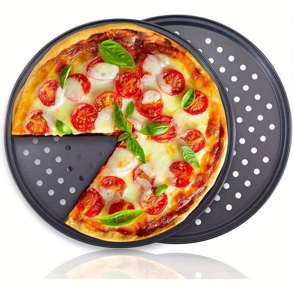 QUTETN 2-Pack Non-Stick Pizza Pans with Ventilation Holes – 12" (30.48cm) Round Baking Trays for Crispy Crusts – Oven Safe, Dishwasher Friendly, Black