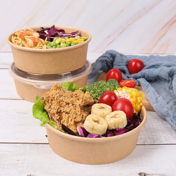 QUTETN 25/100-Pack Kraft Paper Bowls with Lids – Microwave & Freezer Safe, Heavy Duty Disposable Meal Prep Containers for Soup, Salad, Ramen or Hot/Cold Food – Ideal for Parties, Takeout & Holidays