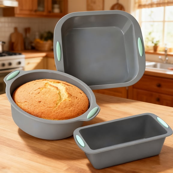 QUTETN 3-Piece Small Silicone Baking Pan Set – 7.9-Inch Round, Square & Loaf Pans – For Oven, Air Fryer & Microwave – Non-Stick & Reusable