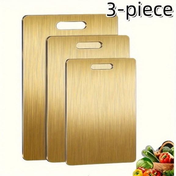 QUTETN 3-Piece Stainless Steel Cutting Board Set Double Sided with Non-Slip Base & Handle Dishwasher Safe, Heavy-Duty Kitchen Chopping Mats (Gold)