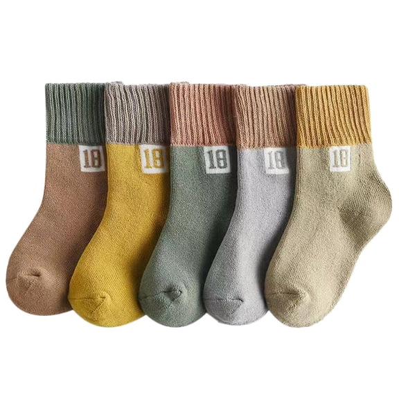 QUTETN 5 Pairs Children‘s Stockings Cotton Socks Mid-calf Length Socks Warm Keeping Footwear for Kids (Random Color 7-12 Years Old)
