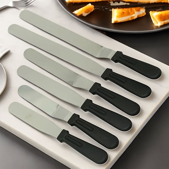 QUTETN 6-Piece Stainless Steel Cake Spatula Set – 4.5 to 10 Inch Angled Offset Icing Tools – Black Handle – For Baking, Frosting, Smoothing, Professional & Home Use