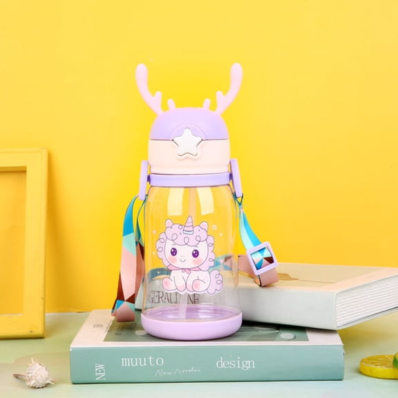 QUTETN 600ml Creative Antler Sippy Cup Water Bottle with Straw Portable Kids Leakproof Jug Outdoor Sports Bottles Children‘s Drinkware